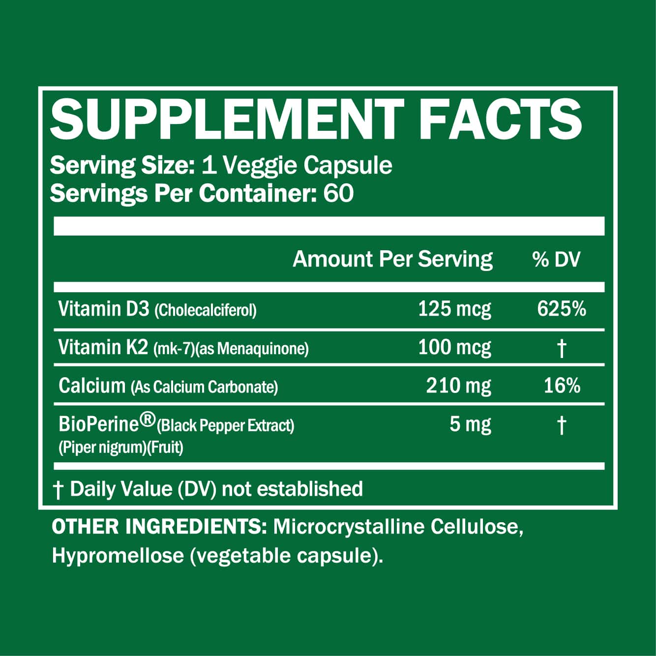 High Potency Vitamin D3 + K2 Supplement – 60 Capsules