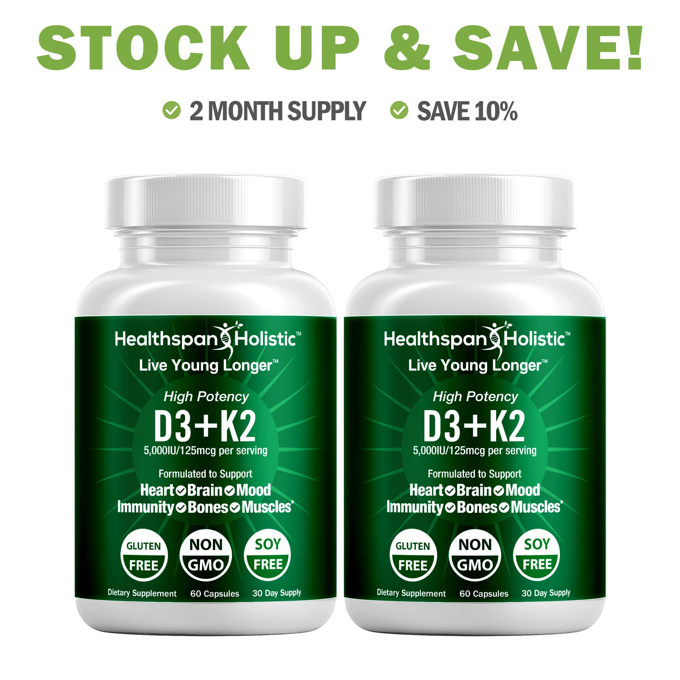 High Potency Vitamin D3 + K2 Supplement – 60 Capsules