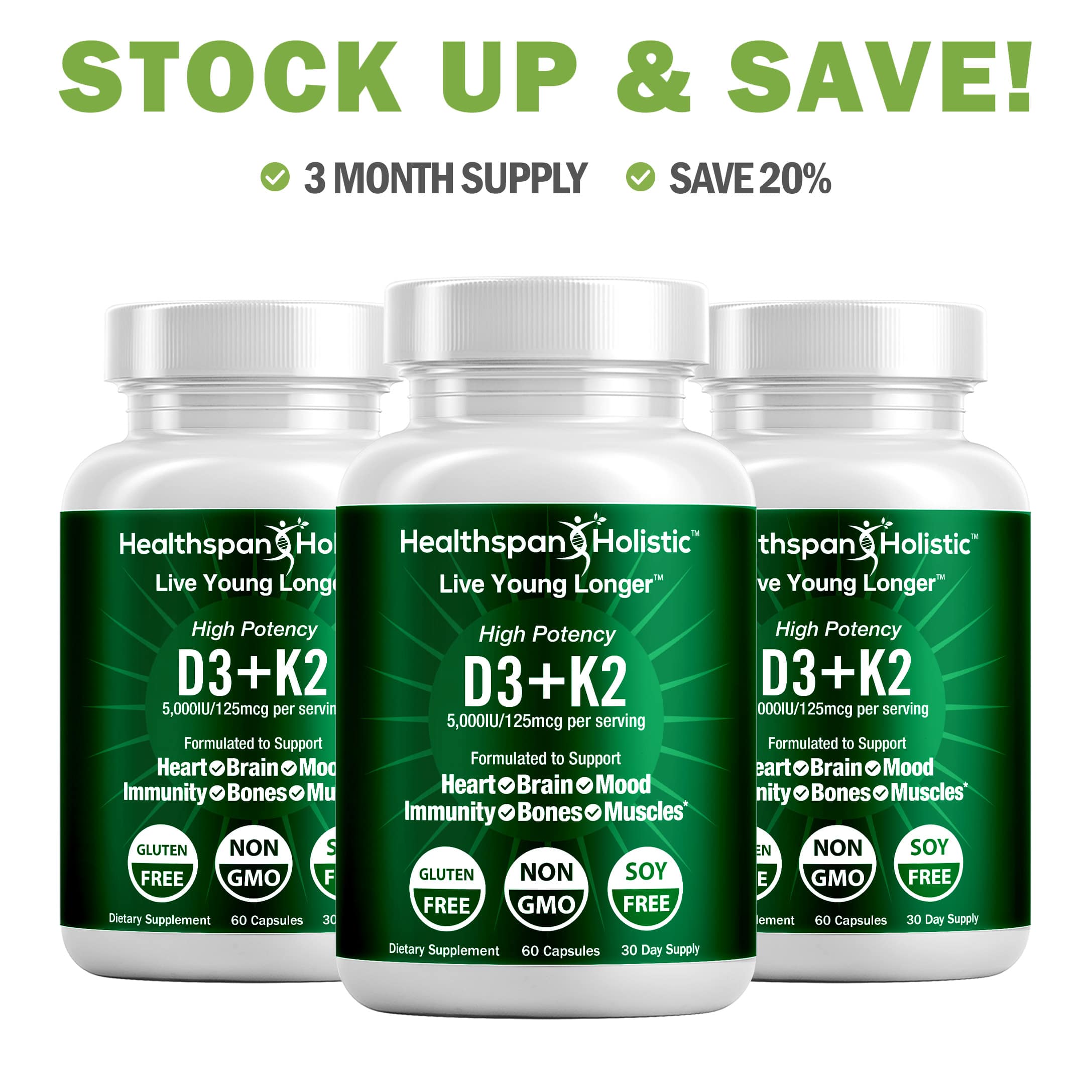 High Potency Vitamin D3 + K2 Supplement – 60 Capsules