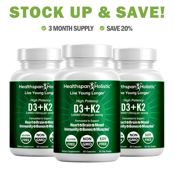 High Potency Vitamin D3 + K2 Supplement – 60 Capsules