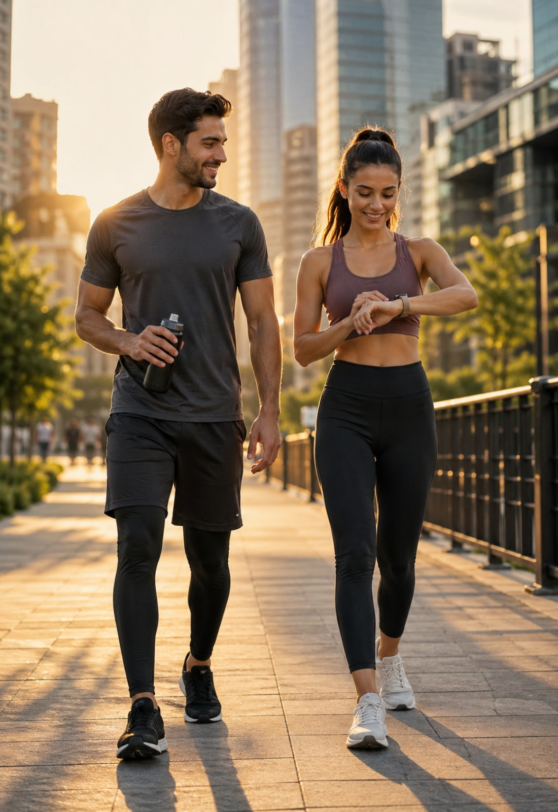Man and woman walking together on a city sidewalk with skyscrapers in the background