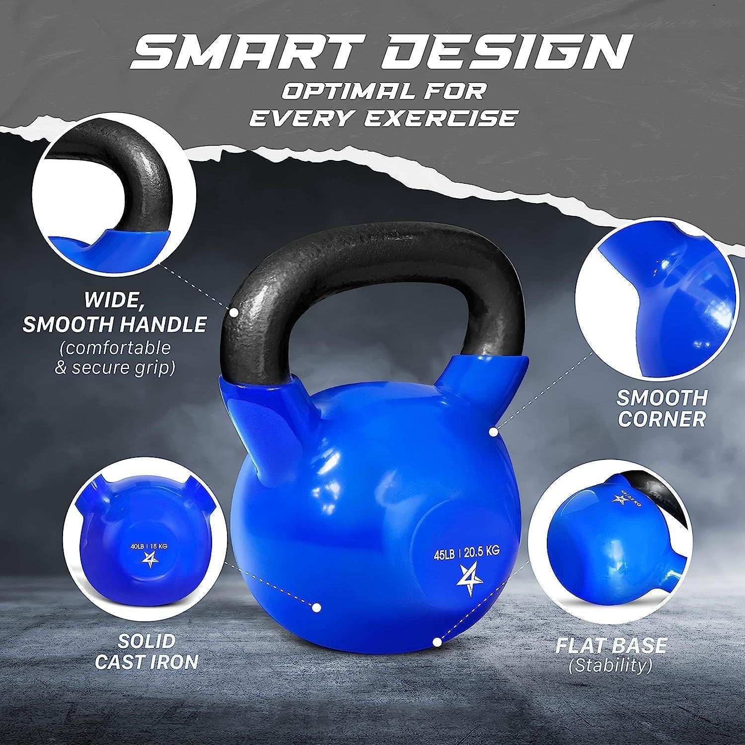 Vinyl Coated Cast Iron Kettlebell – 5–100 lb Strength Training Home Gym Equipment