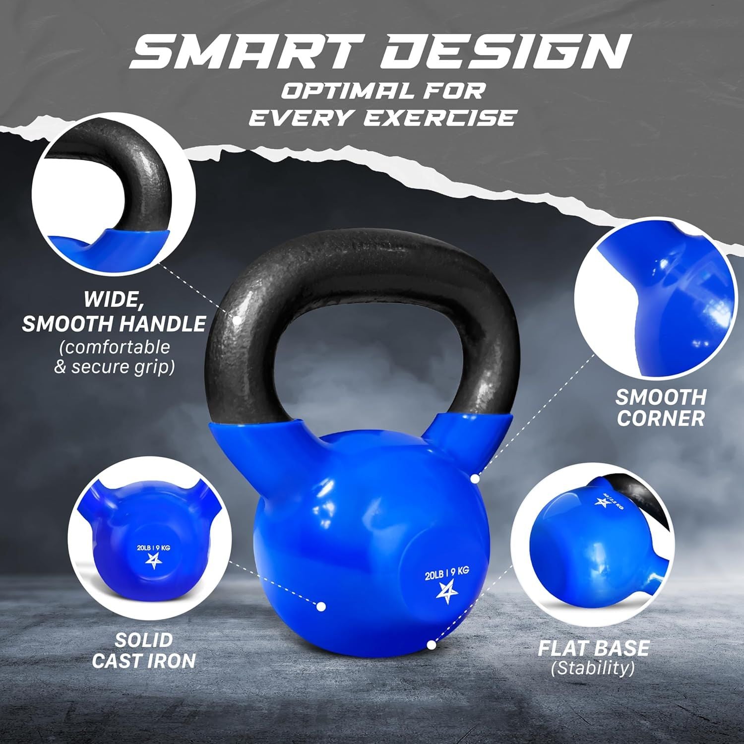 Vinyl Coated Cast Iron Kettlebell – 5–100 lb Strength Training Home Gym Equipment