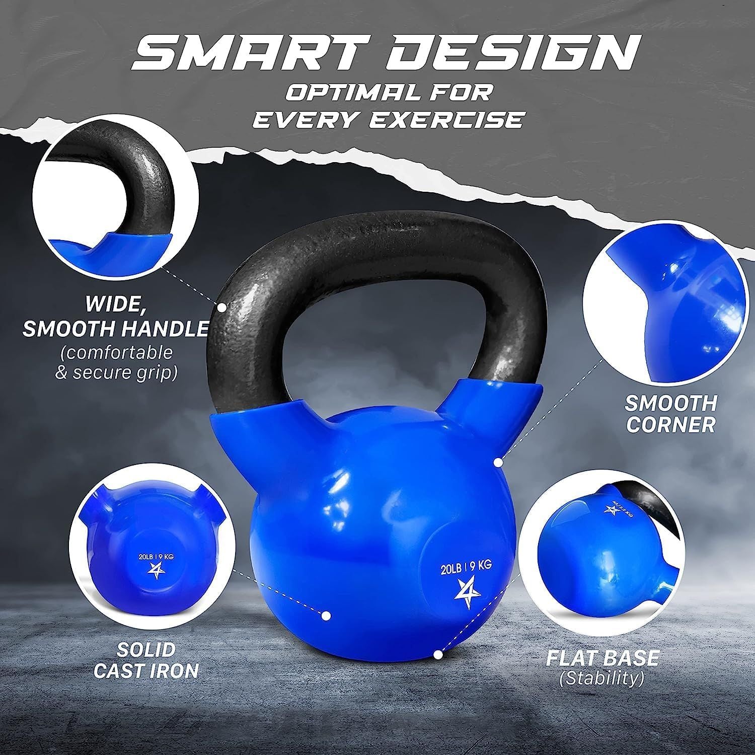 Vinyl Coated Cast Iron Kettlebell – 5–100 lb Strength Training Home Gym Equipment