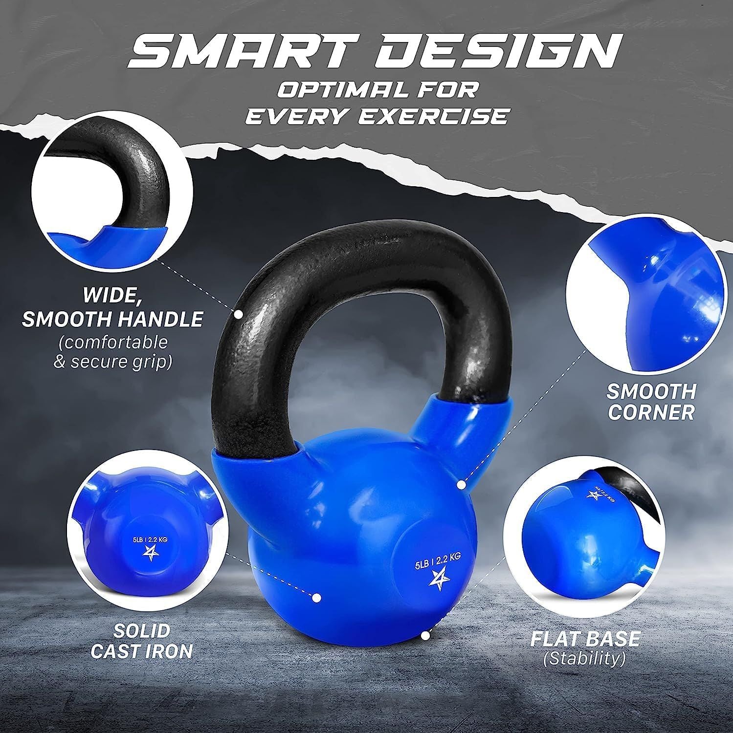 Vinyl Coated Cast Iron Kettlebell – 5–100 lb Strength Training Home Gym Equipment
