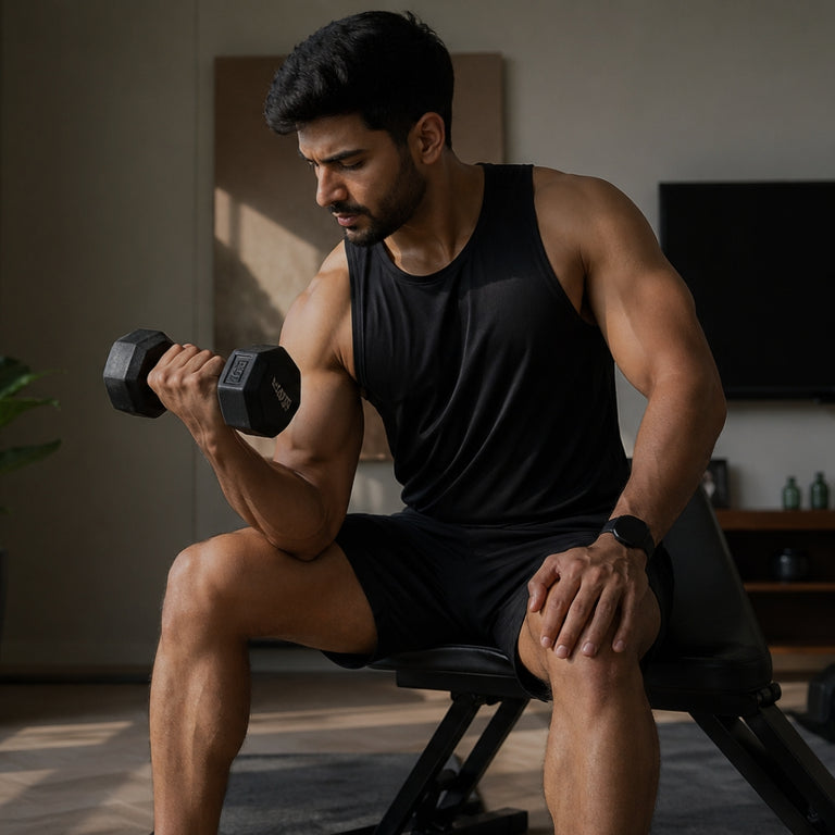 Man exercising with dumbbells in a home setting