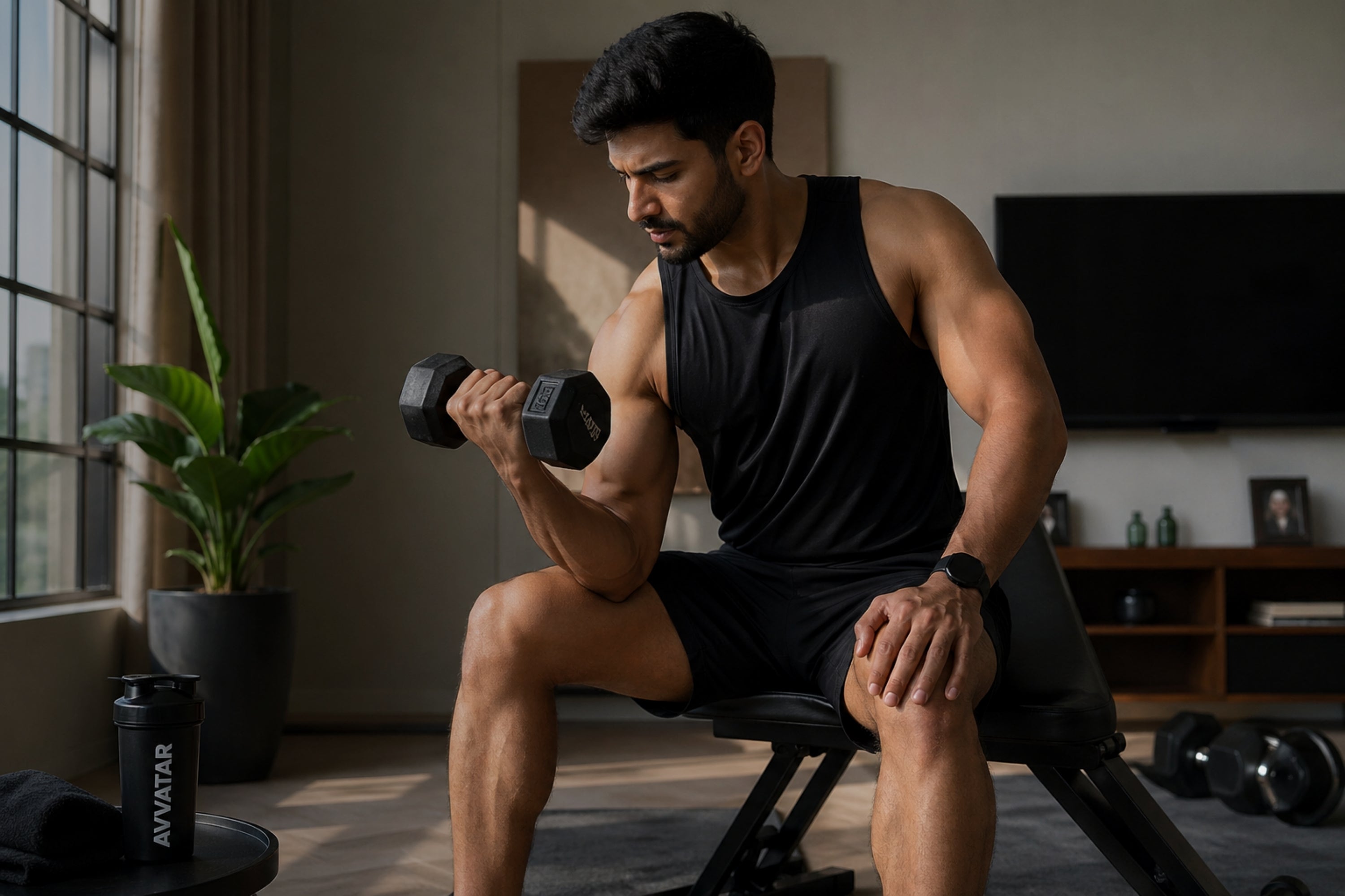Man exercising with dumbbells in a home setting