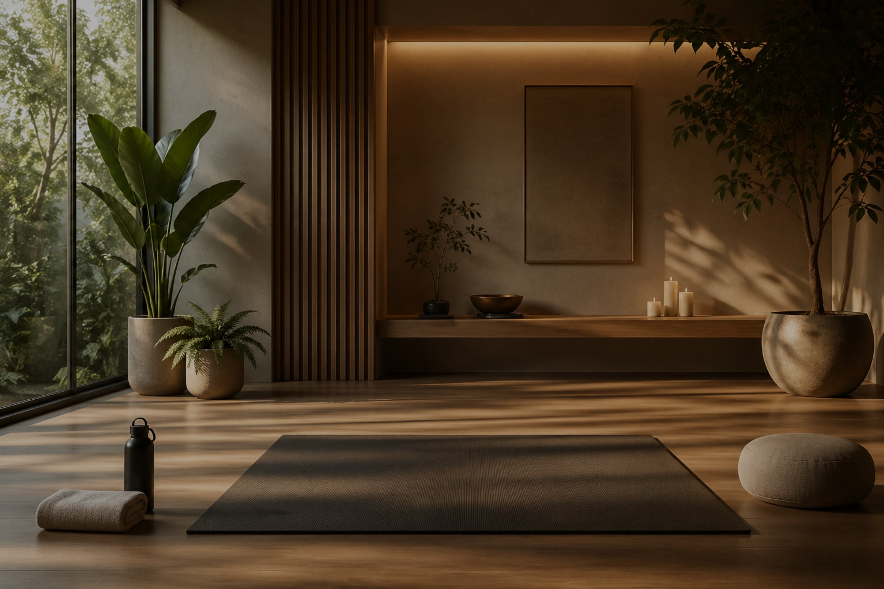 Meditation room with yoga mat, candles, and plants in a dimly lit room.