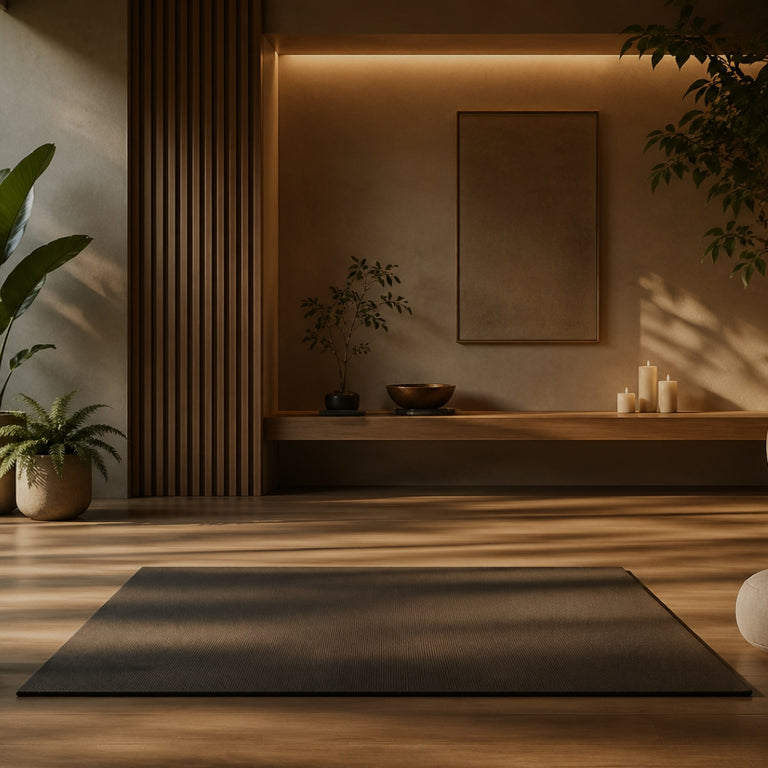 Meditation room with yoga mat, candles, and plants in a dimly lit room.