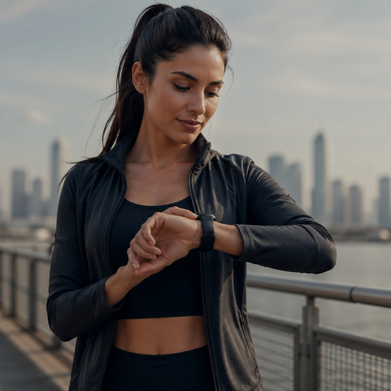 Woman checking her watch with a city skyline in the background