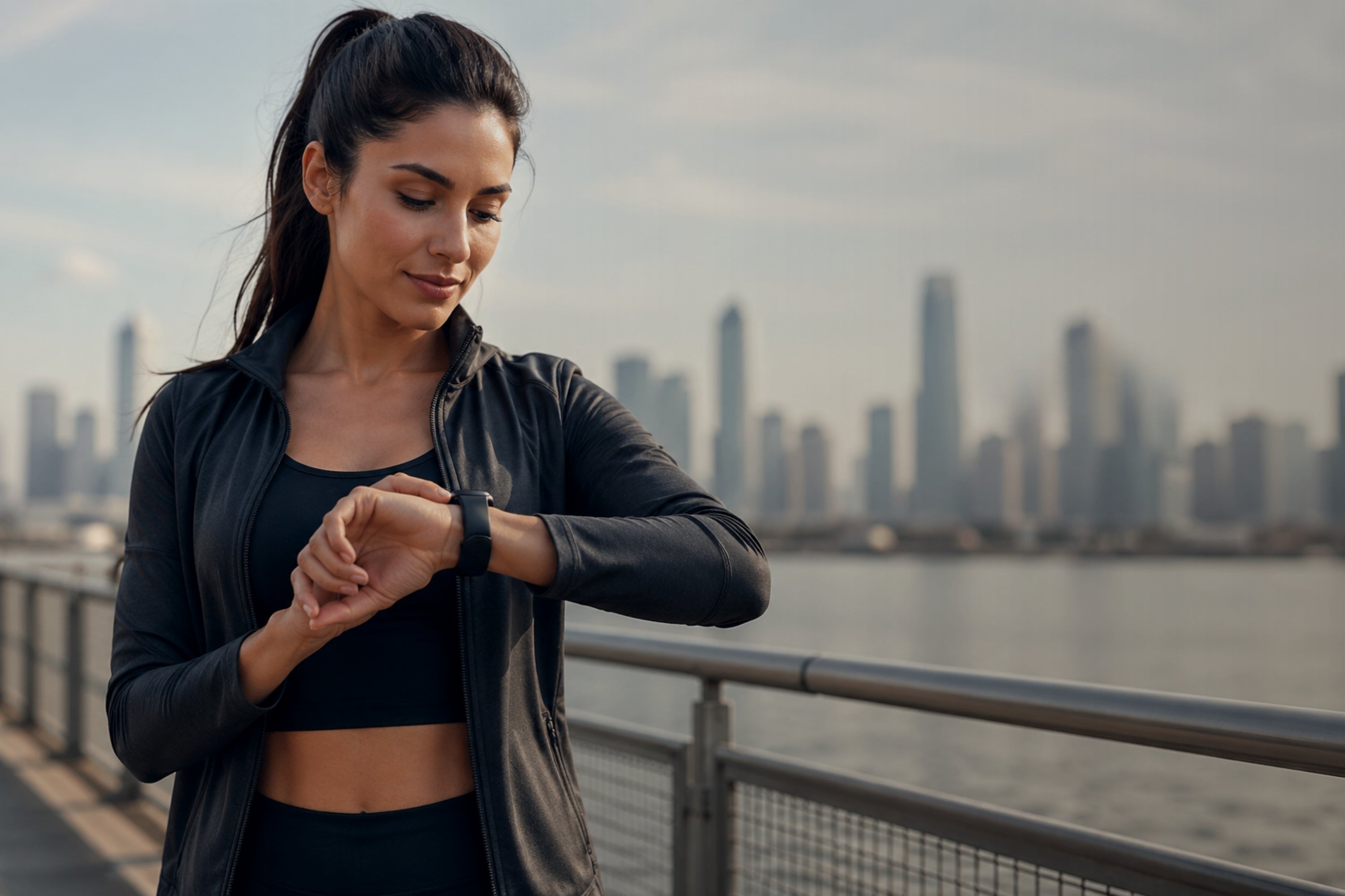 Woman checking her watch with a city skyline in the background